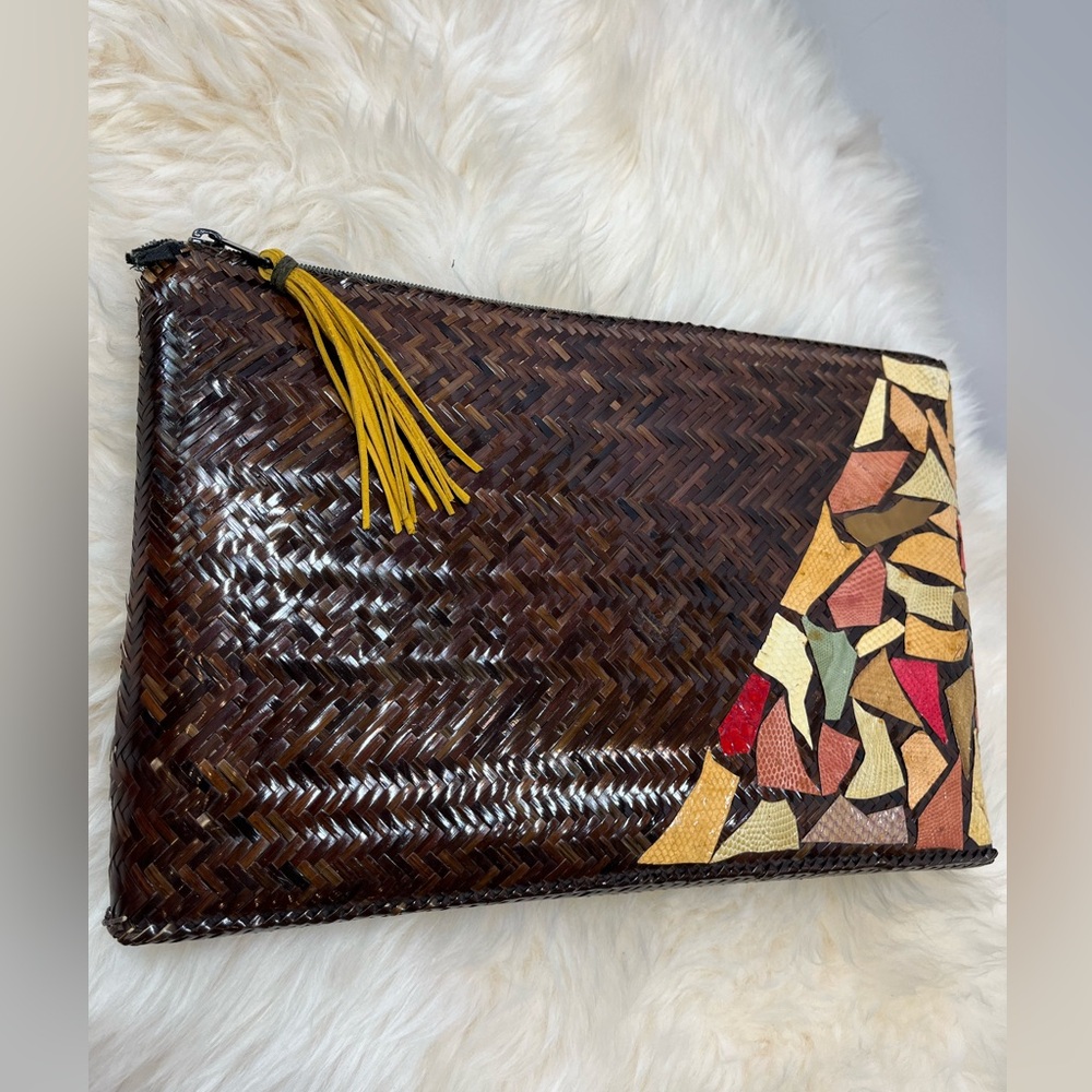 Vintage Woven Straw /Raffia and Snake Skin Zip Top Extra Large Clutch - Picture 9 of 17